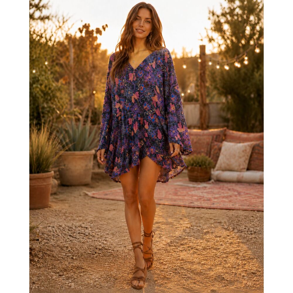 Free People Boho Floral V-Neck Bell Sleeve Mini Dress Womens L Purple Pink - Picture 2 of 7